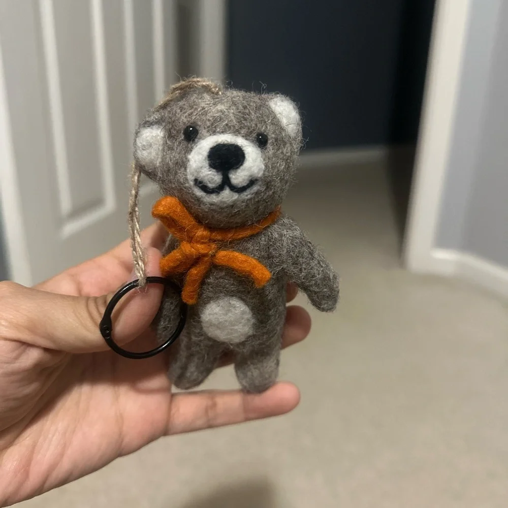 Handmade Wool Felt Bear Keychain‎ with Orange Bow